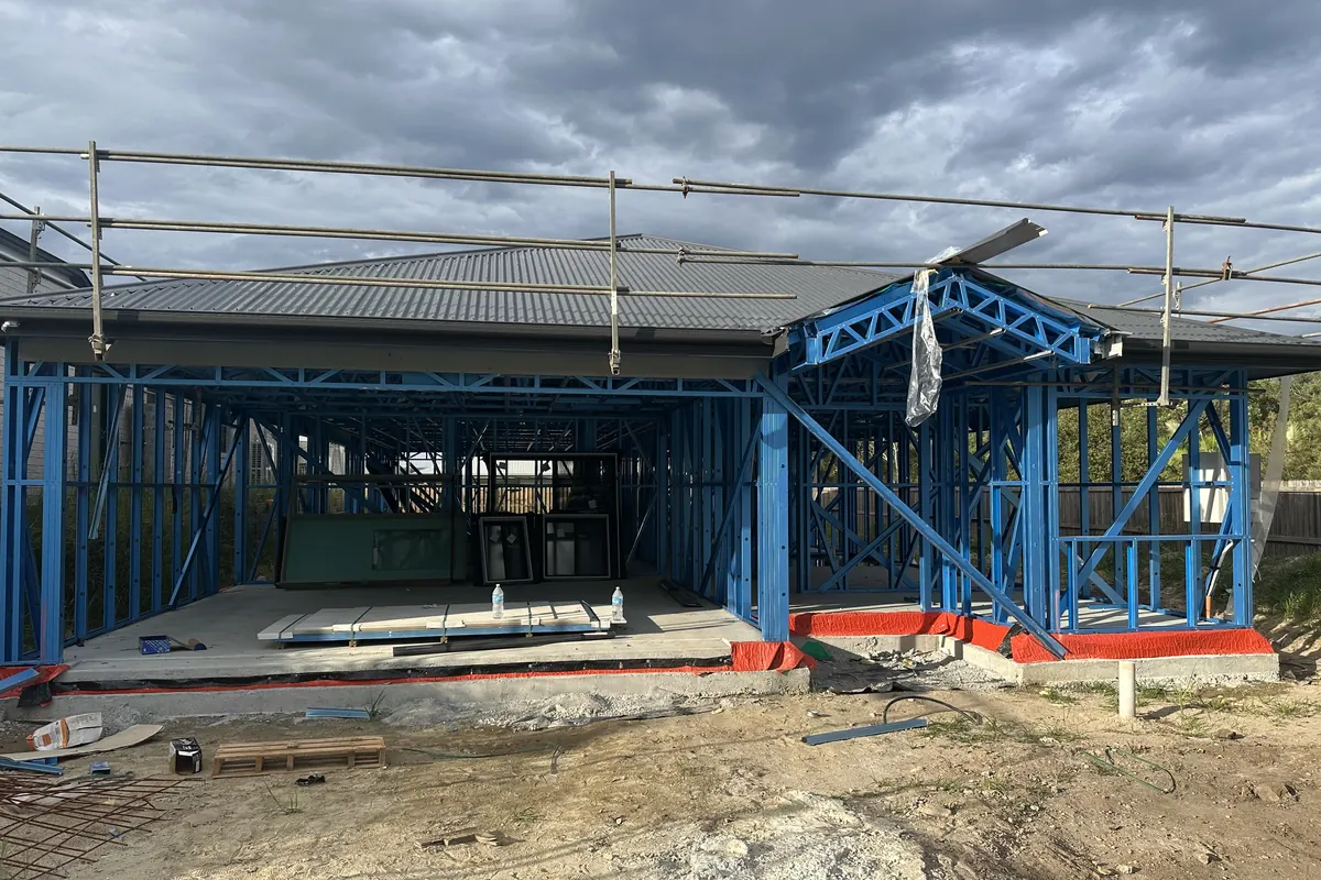 Steel frame being erected on an industrial building in South East Queensland
